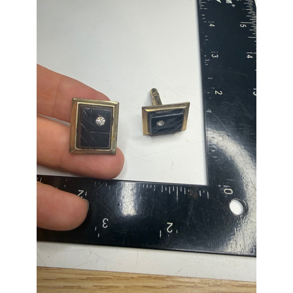 Vintage Gold Tone Black Textured Inlay Rhinestone Rectangular Cufflinks Mens